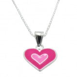 pink enamel and sterling silver heart shaped pendant on a fine silver chain on a white background