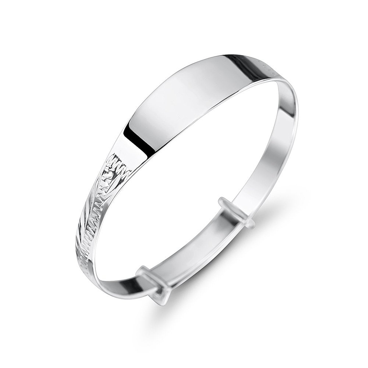Sterling silver children’s expandable bangle bracelet with a polished, plain ID plate and a diamond-cut patterned section at one end, featuring two slider rings for an adjustable fit, shown on a white background.