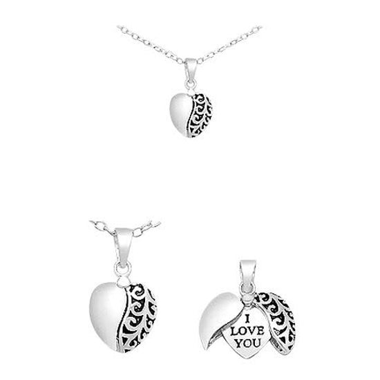 A sterling silver necklace with a heart-shaped pendant containing the message 'I love you'.