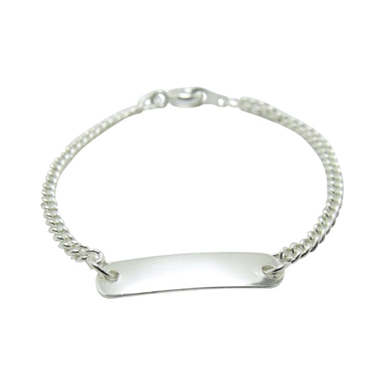 A silver plated infant's ID bracelet with a bar name plate, displayed on a white background.