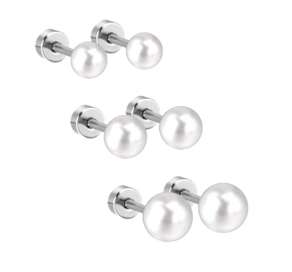 Three sets of pearl screw back earrings with silver -coloured accents and surgical steel hardware, presented against a white background.