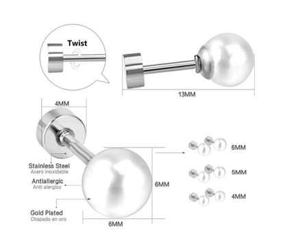 Silver steel pearl screw back earrings shown on various angles with close ups, measurements and material details, presented against a white background.