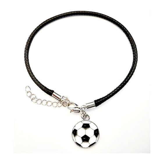 Children's Bracelets:  Black Woven Leather Bracelets with Soccer Ball Charm