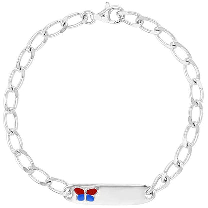 A sterling silver ID bracelet with a red and blue butterfly design on the engravable plate, featuring an adjustable link closure.
