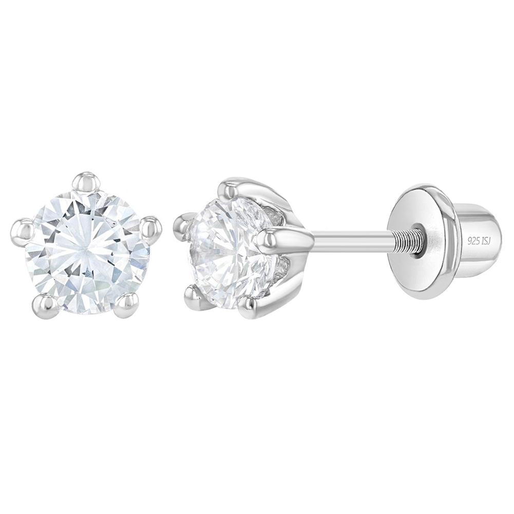 Baby and Children's Earrings - Sterling Silver 5 Prong Clear CZ 4mm with Screw Backs