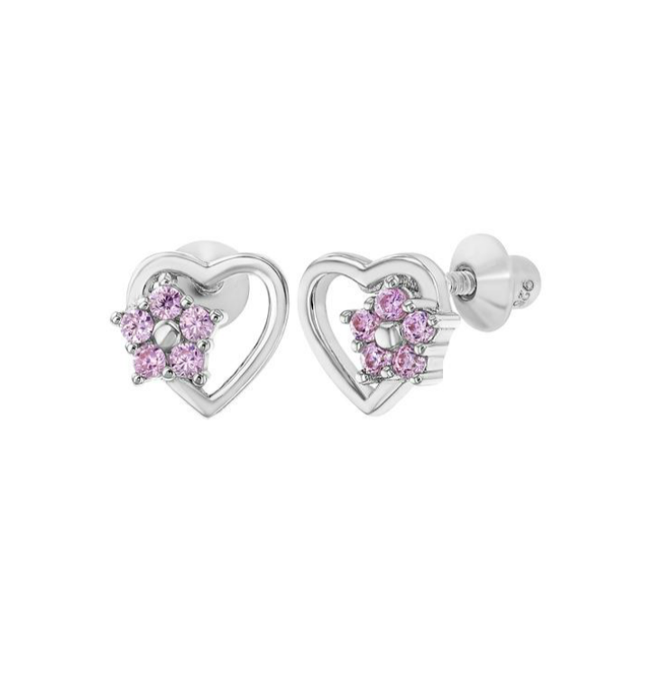 Children's Earrings:  Sterling Silver Hearts and Flowers Earrings with Screw Backs
