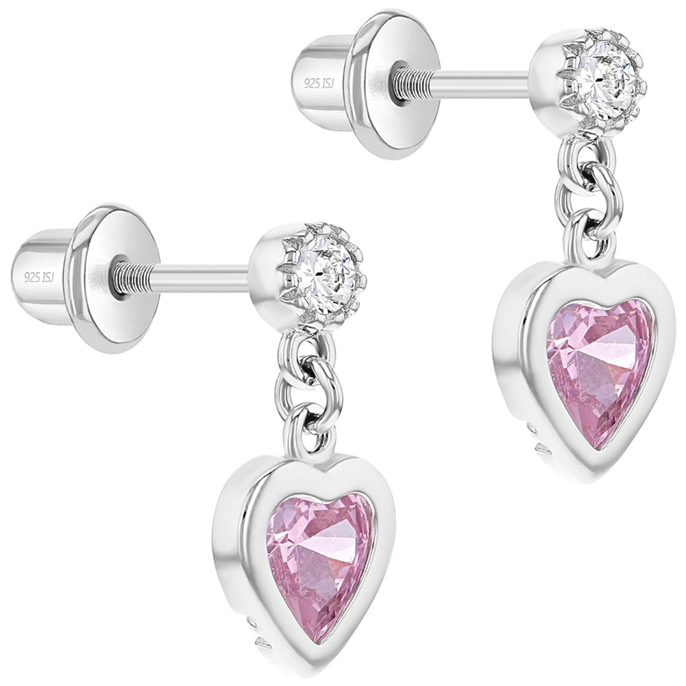 Children's Earrings:  Sterling Silver Pink CZ Heart Dangle Earrings with Screw Backs
