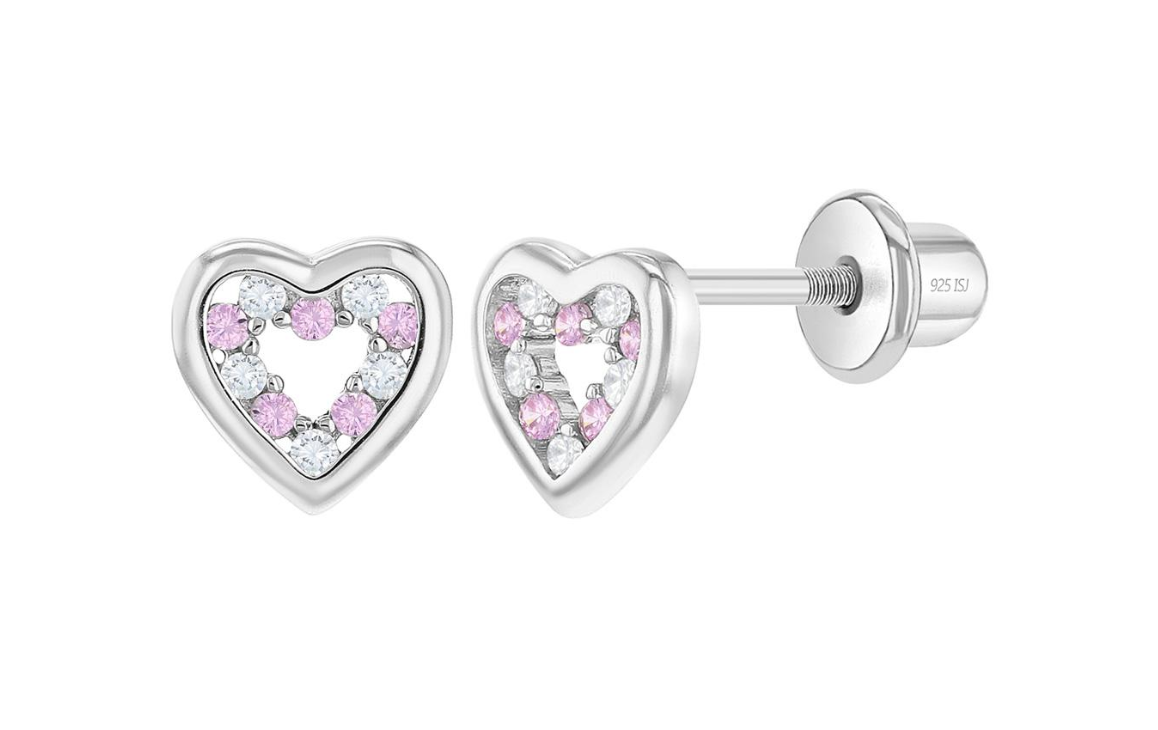 Baby and Children's Earrings:  Sterling Silver Hearts with Alternating Pink and White CZ, with Screw Backs