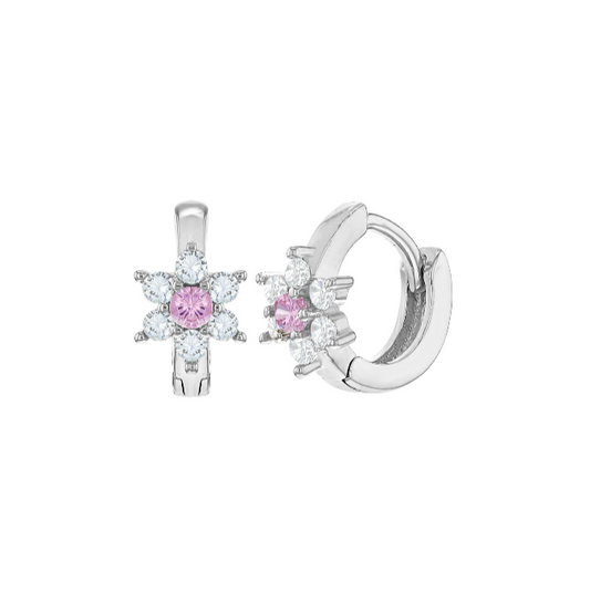 Baby Earrings:  Sterling Silver Baby Huggies with White/Pink CZ Flower 7mm
