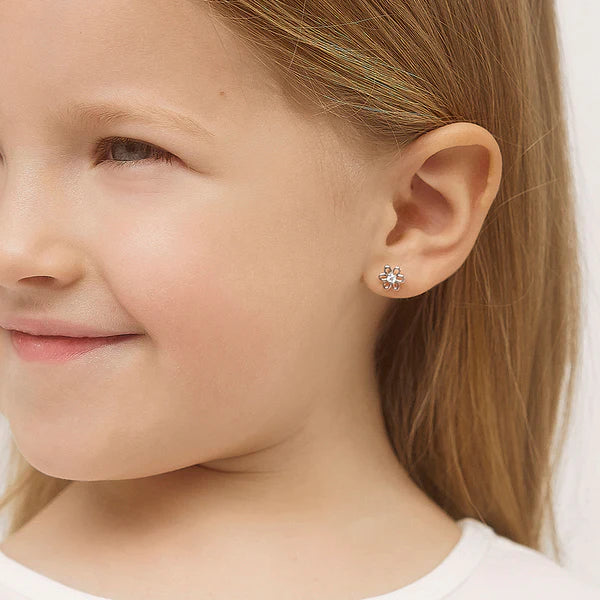 Baby and Children's Earrings:  Sterling Silver/Clear CZ Flower Screw Back Earrings