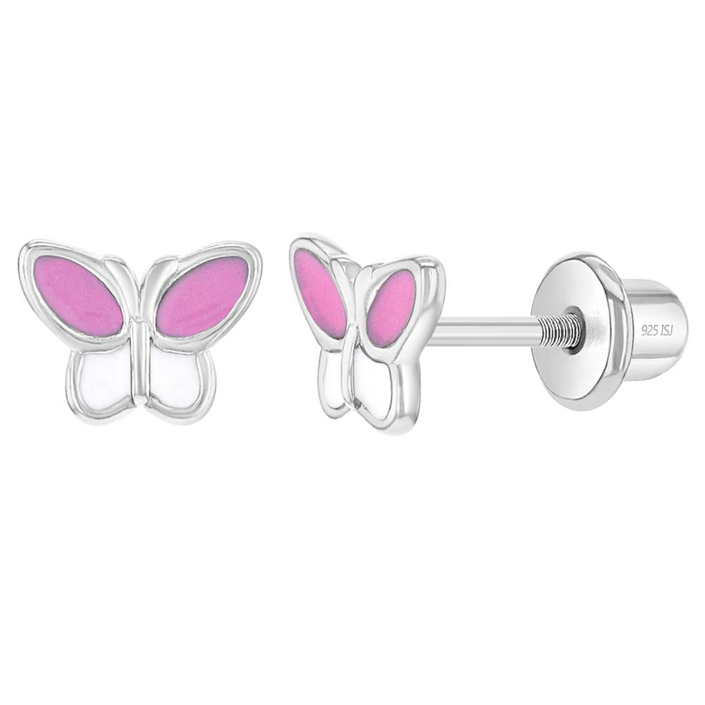 Baby Earrings - Sterling Silver Pink and White Enamel Butterflies with Screw Backs