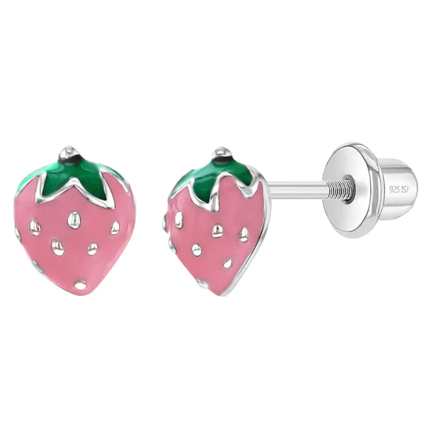 Children's Earrings:  Sterling Silver Enamelled Strawberry Screw Back Earrings