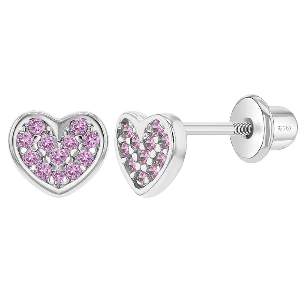 Baby and Children's Earrings:  Sterling Silver Pave CZ Hearts with Screw Backs