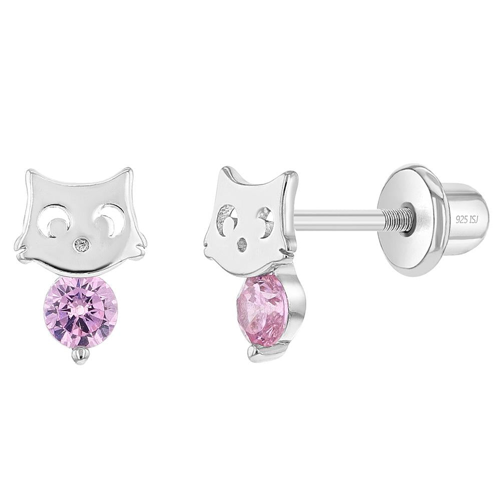 Baby and Toddler Earrings:  Sterling Silver Kitty Cat Pink CZ Earrings with Screw Backs