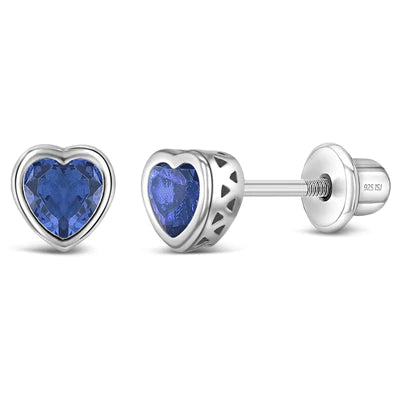 Baby and Children's Earrings:  Sterling Silver Bezel Set Emerald CZ Hearts with Screw Backs