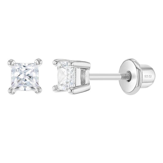 Baby and Children's Earrings:  Sterling Silver 4mm Princess Cut Clear CZ Earrings with Screw Backs