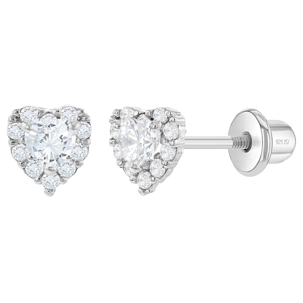 Baby and Children's Earrings:  Sterling Silver Pink and White CZ Hearts with Screw Backs