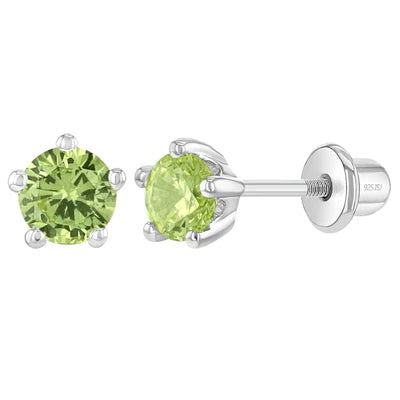 Children's Earrings - Sterling Silver 5 Prong Set 4mm Peridot CZ Screw Back Earrings Age 1 - 12
