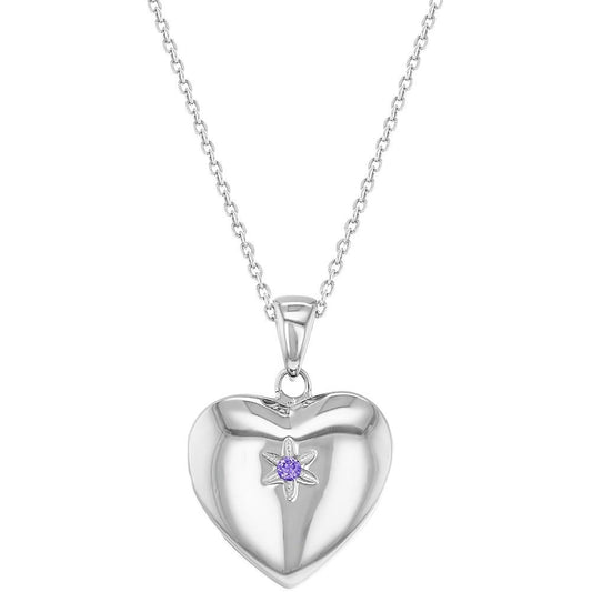 Children's Necklaces:  Sterling Silver, Lavender CZ Star Heart Locket Necklaces 16"