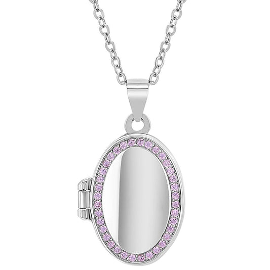 Children's Necklaces:  Sterling Silver, Oval, Pale Pink CZ Heart Locket Necklaces 16"