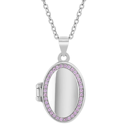 Children's Necklaces:  Sterling Silver, Oval, Pale Pink CZ Locket Necklaces 16"