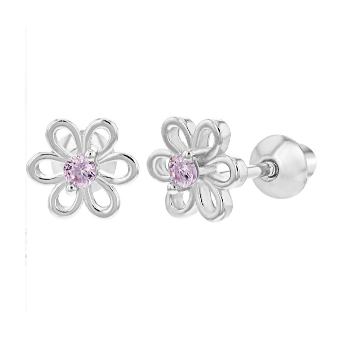 Children's Earrings:  Sterling Silver/Purple CZ Flower Screw Back Earrings