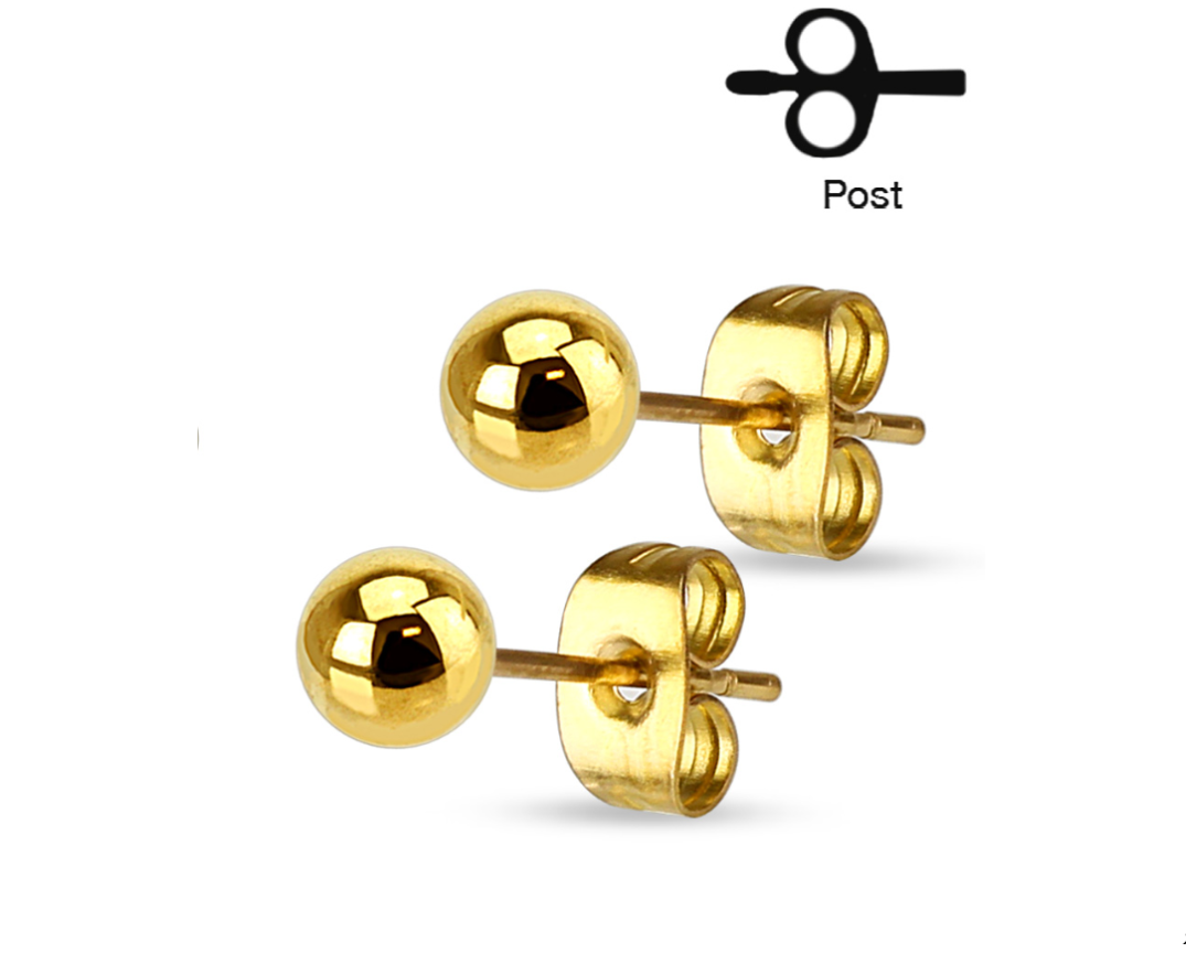 Children's, Teens' Mothers' Earrings:  Surgical Steel Gold IP, 5mm Ball Studs