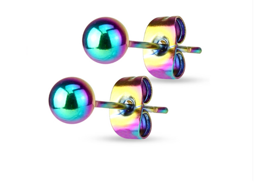 Children's, Teens' and Mothers' Earrings:  Anodised (Rainbow) Surgical Steel 5mm Ball Studs