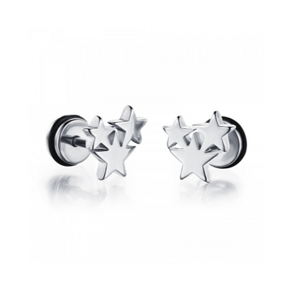 a pair of silver surgical steel easy grip screw back studs with a triple star design on a white background