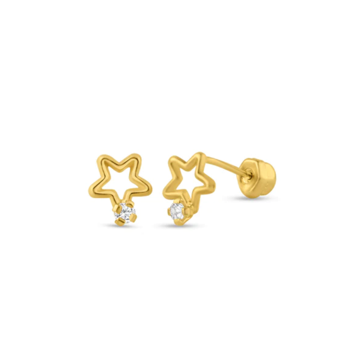 Baby Earrings:  14k Gold Open Star with AAA CZ with Screw Backs