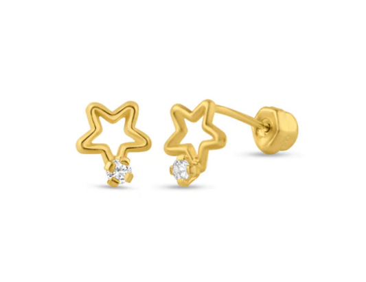 Baby Earrings:  14k Gold Open Star with AAA CZ with Screw Backs
