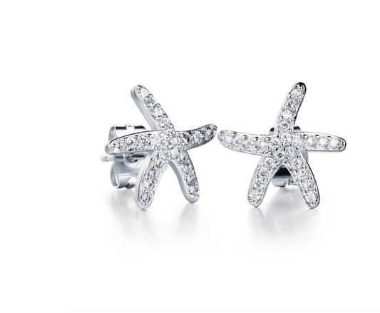 Children's, Teens' & Mothers' Earrings:  Titanium Clear AAA CZ Encrusted Starfish 9mm