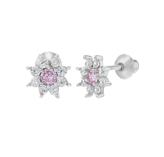 Baby and Children's Earrings:  Sterling silver White/Pink Flower Screw Back Earrings