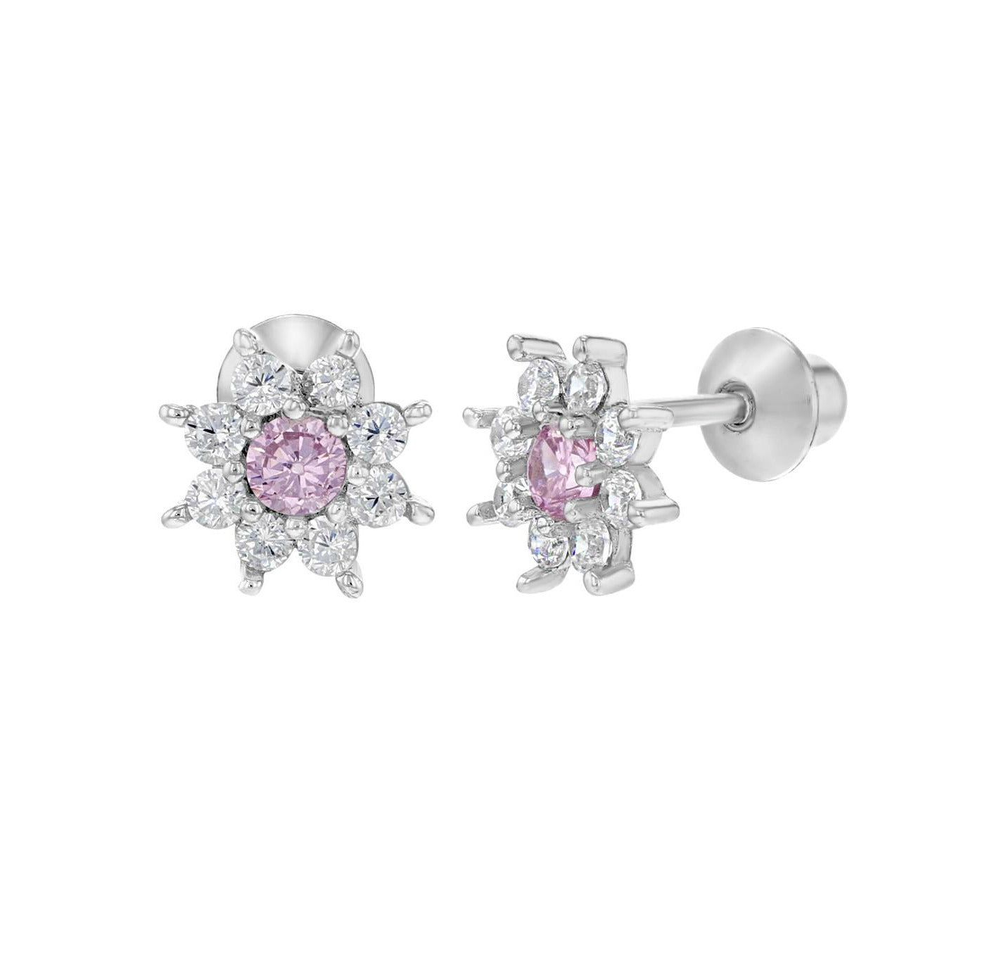 Baby and Children's Earrings:  Sterling silver White/Pink Flower Screw Back Earrings