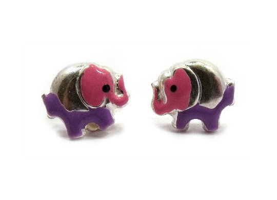 Pink elephant earrings with purple trunks on a white background
