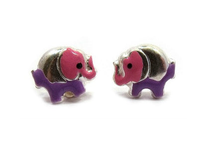 Pink elephant earrings with purple trunks on a white background