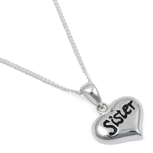 Children's Necklaces:  Sterling Silver "Sister" Heart Necklace 16" Chain