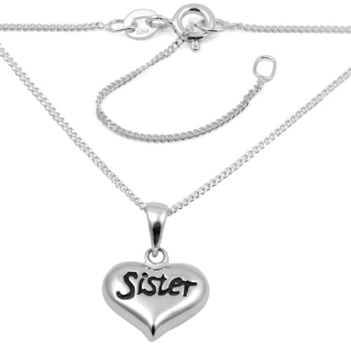 Children's Necklaces:  Sterling Silver "Sister" Heart Necklace 16" Chain