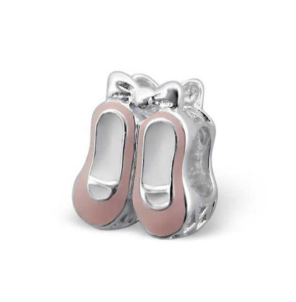 Children's charm beads featuring 925 sterling silver ballet shoes with pink enamelling.