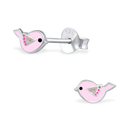 A pair of sterling silver earrings designed in the shape of small pink birds with decorative elements on their bodies.