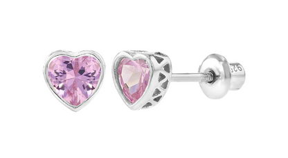 A pair of sterling silver heart-shaped earrings with pink cubic zirconia stones, designed for children and featuring screw back closures.