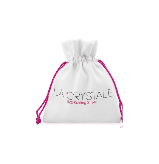 White velvety jewellery gift bag with pink braided drawstring and "La Crystale  925 Sterling Silver" printed on the front featured on a white background