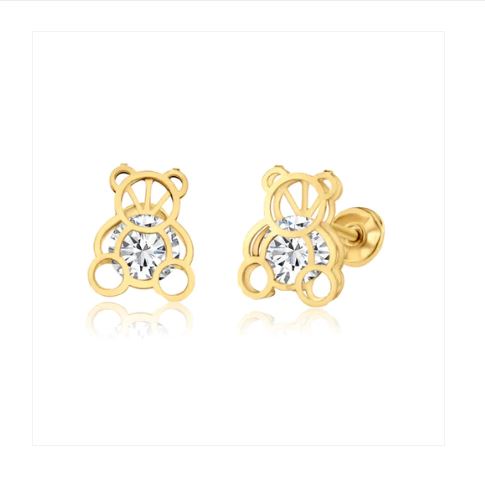 Baby and Children's Earrings:  14k Gold Teddy Bear Earrings with CZ, Screw Backs and Gift Box