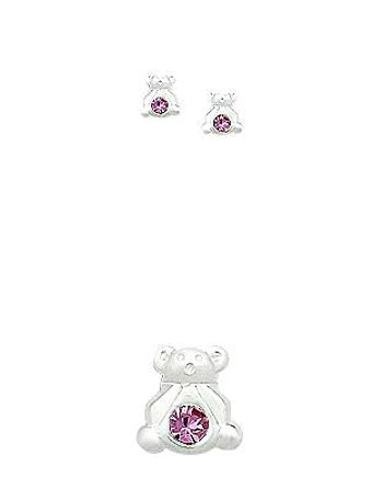 Baby and Children's Earrings:  Sterling Silver Teddy Bear Earrings with Pink CZ