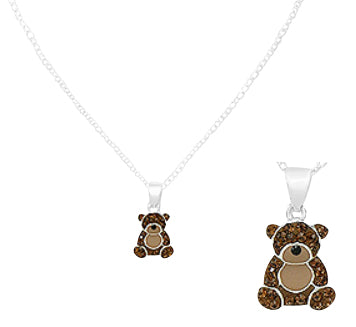 Children's Necklaces:  Sterling Silver Brown Teddy Necklaces 14.5" Extending to 15.5"