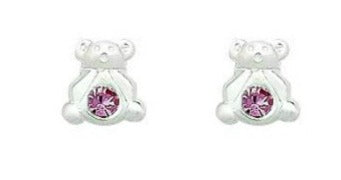 Baby and Children's Earrings:  Sterling Silver Teddy Bear Earrings with Pink CZ