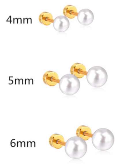 Three sets of pearl screw back earrings with gold-coloured accents and surgical steel hardware, presented against a white background with measurements.