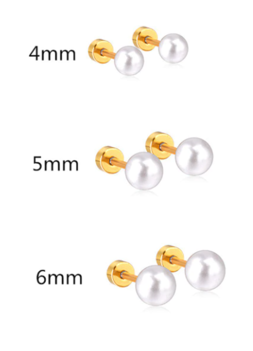Three sets of pearl screw back earrings with gold-coloured accents and surgical steel hardware, presented against a white background with measurements.