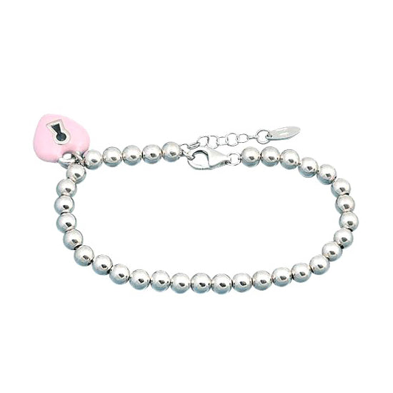 Children's Bracelets:  Sterling Silver Ball Bracelets with Pink Enamel Heart with Lock