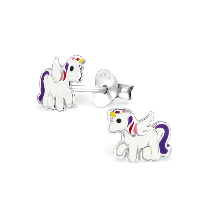 Children's Earrings - Sterling Silver White/Purple Baby Pegasus Unicorns